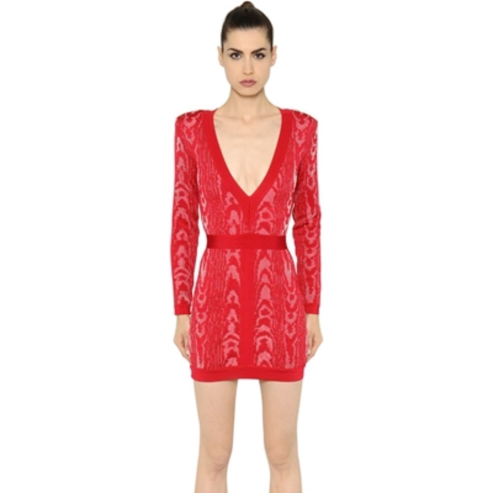 Balmain Red Jacquard Knit Mini Dress — FR 34 (US 2), Long Sleeve, Gold Zip